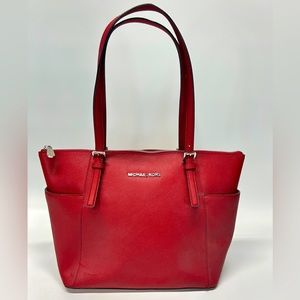 GREAT CONDITION Michael Kors Tote Bag Red Jet Set Silver Logo Handbag